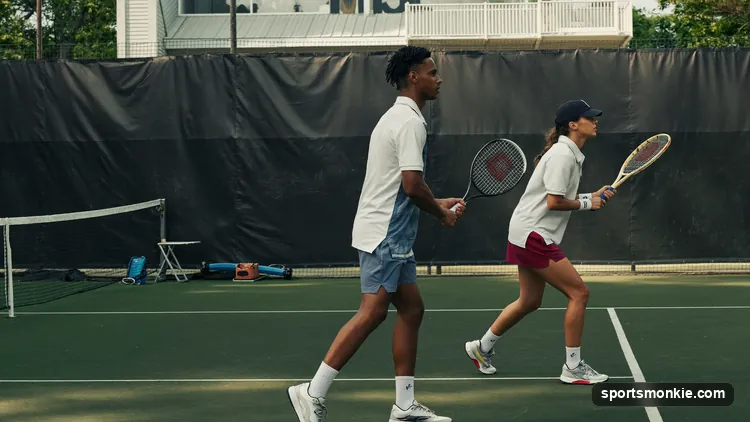 Two beginner pickleball players advancing toward the kitchen line together