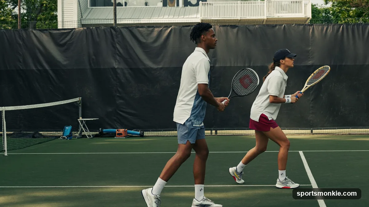 Two beginner pickleball players advancing toward the kitchen line together