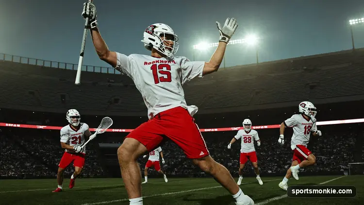 Professional field lacrosse player shooting from distance behind a two-point arc