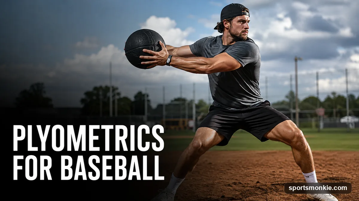 A baseball player performing a rotational medicine ball throw against a wall to build bat and arm speed