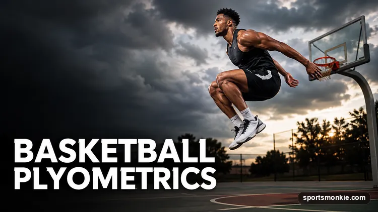 A basketball player performing an explosive box jump during a plyometric training session