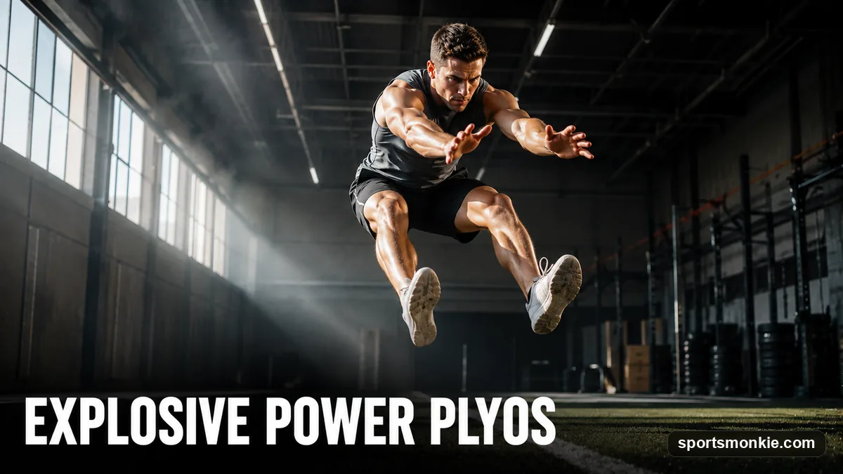 An athlete mid-air performing a broad jump on a turf field to build explosive power