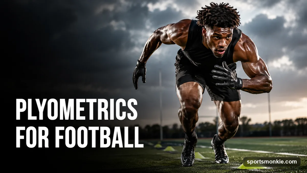 A football player driving off one leg during a bounding plyometric drill on the field