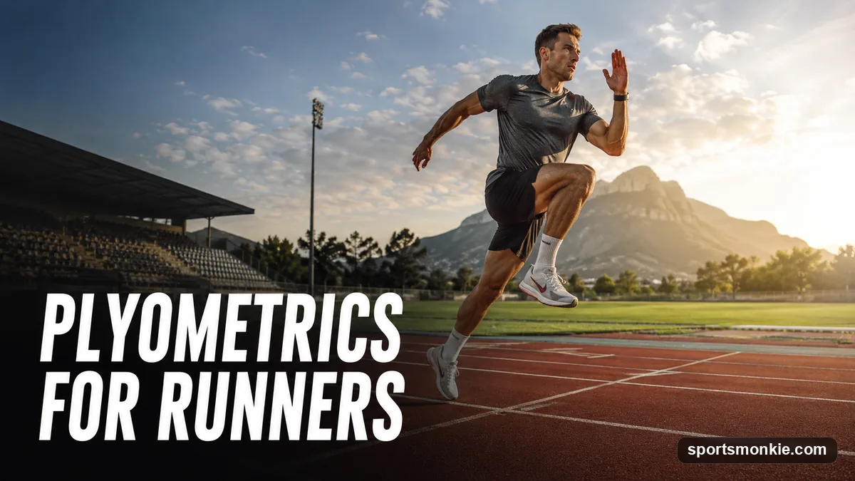 A distance runner performing ankle pogo hops on a track to build lower-leg stiffness