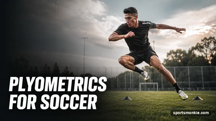 A soccer player landing a lateral bound during a plyometric change-of-direction drill on the pitch