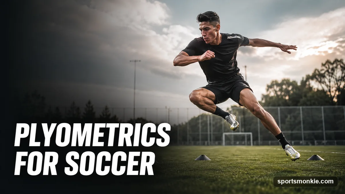 A soccer player landing a lateral bound during a plyometric change-of-direction drill on the pitch