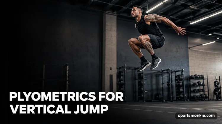 A basketball player at the top of an explosive box jump, knees driven high above a plyometric box