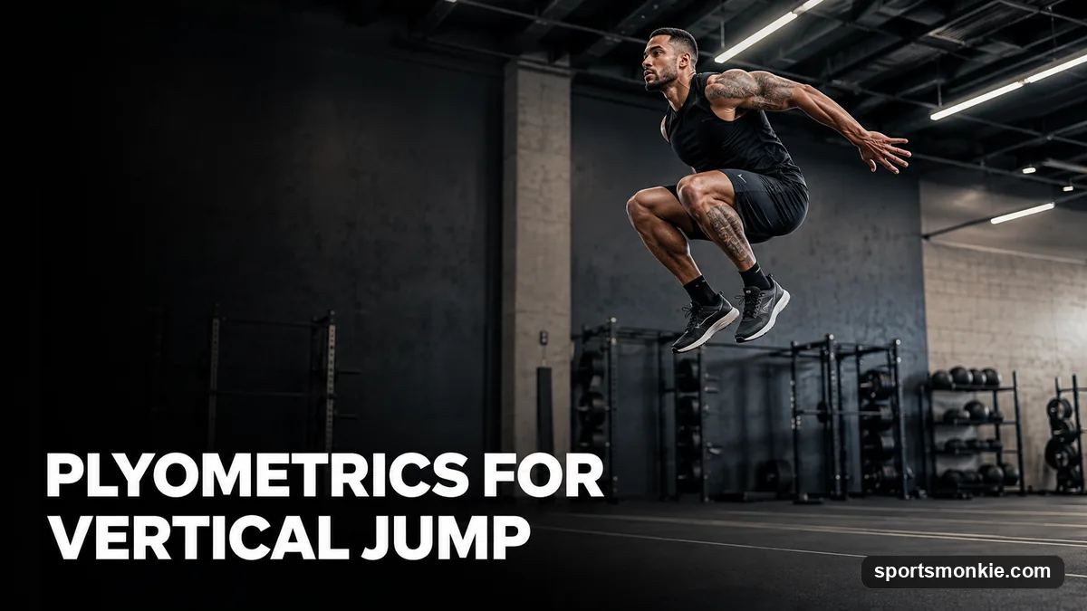 A basketball player at the top of an explosive box jump, knees driven high above a plyometric box