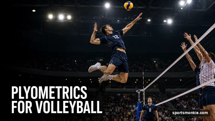 A volleyball player mid-air during an approach-jump attack, arm cocked to hit