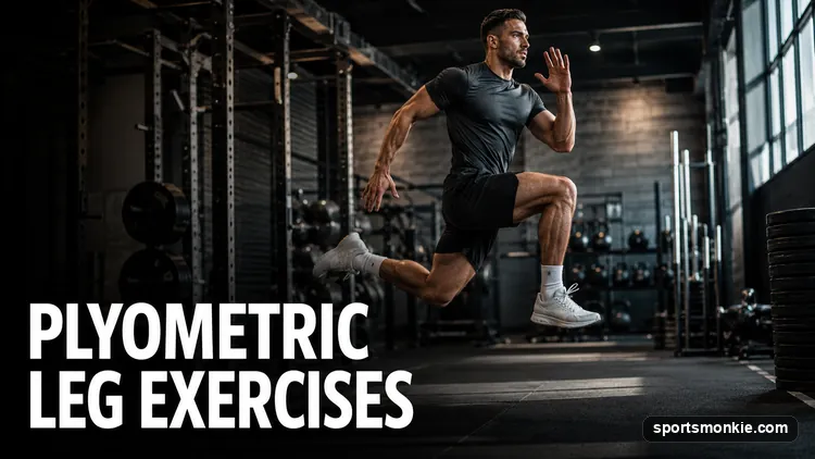 An athlete performing an explosive squat jump as a plyometric leg exercise