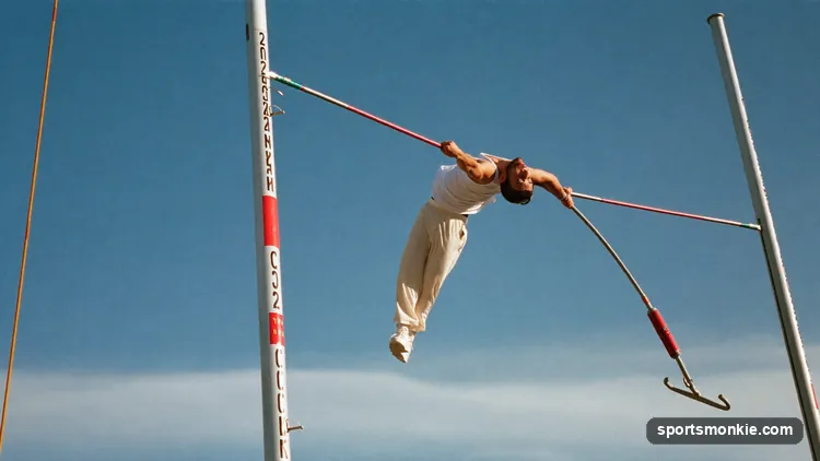 A pole vaulter arched upside down over the crossbar at the top of a vault, pole bent beneath them