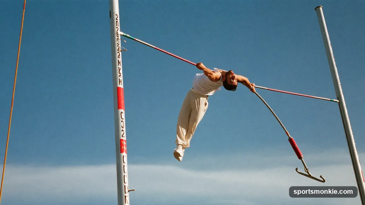 A pole vaulter arched upside down over the crossbar at the top of a vault, pole bent beneath them