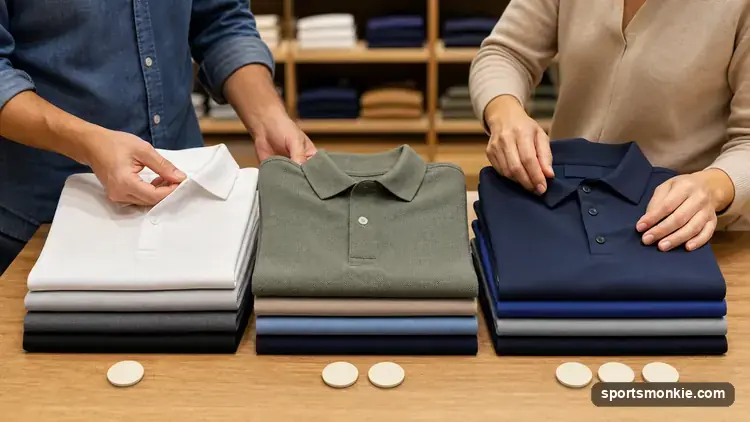 Three polo shirts in different price tiers laid out side by side showing fabric weight differences