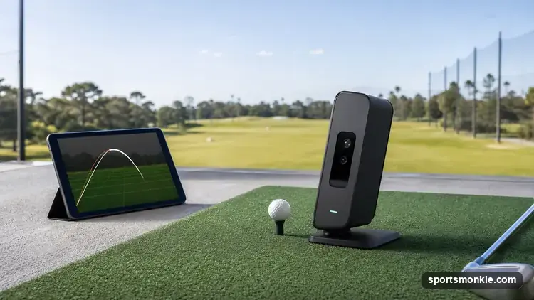 A golfer at a driving range with a compact portable launch monitor set up behind the ball on a tripod
