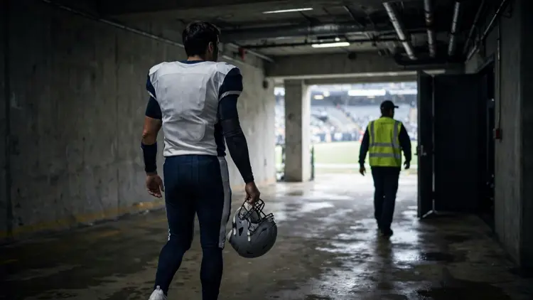 A generic quarterback in a plain white and navy uniform carrying his helmet and glancing back down a concrete stadium tunnel at a worker in a hi-vis vest who is turning away, editorial graphic