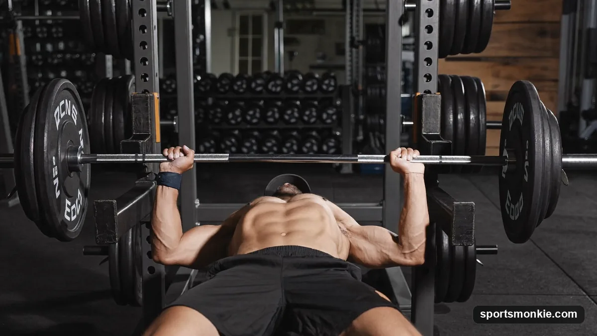 A lifter demonstrating proper bench press form with retracted shoulder blades and elbows tucked