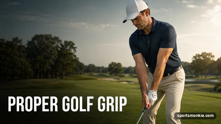 Golfer's hands demonstrating a proper neutral golf grip on the club handle with V's pointing to the trail shoulder