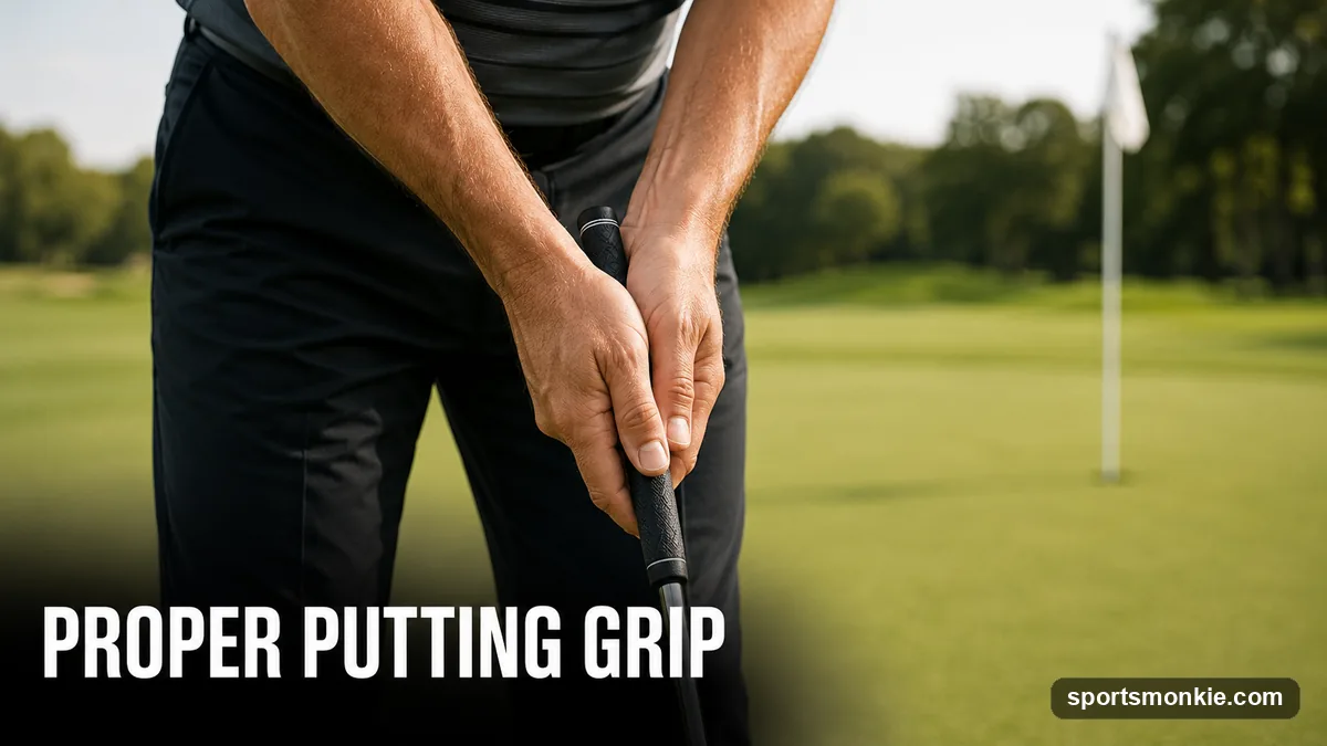 Close-up of a golfer's hands in a reverse-overlap putting grip on the putter handle