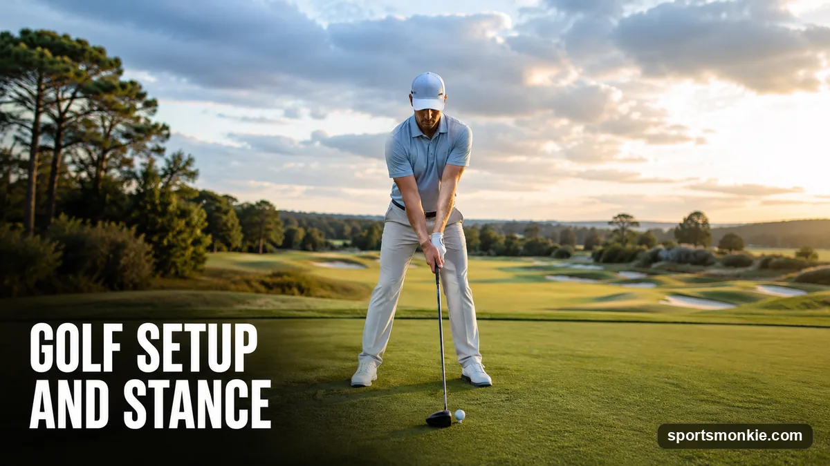 A golfer demonstrating a proper setup and stance at address with square alignment and athletic posture