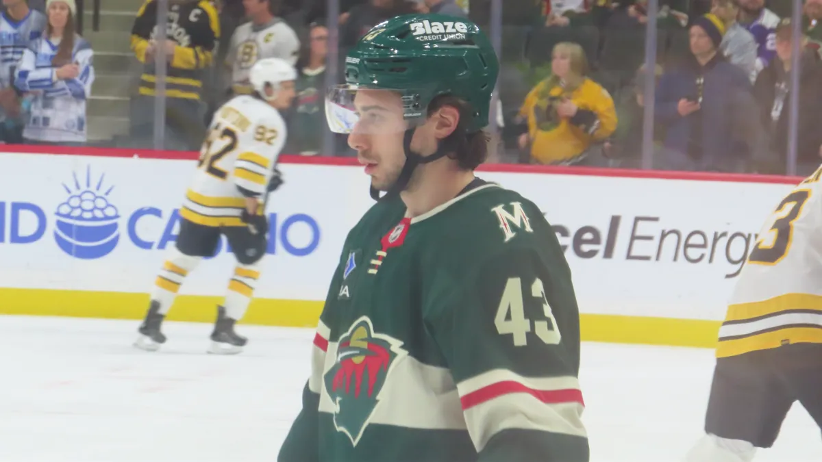 File photo from 14 December 2025: Quinn Hughes in his Minnesota Wild No. 43 jersey during warmups before his Wild debut. It was not taken in Vancouver and does not show the return game.