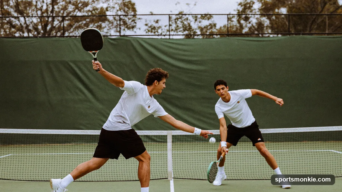A pickleball doubles rally in progress with the scoreboard visible courtside