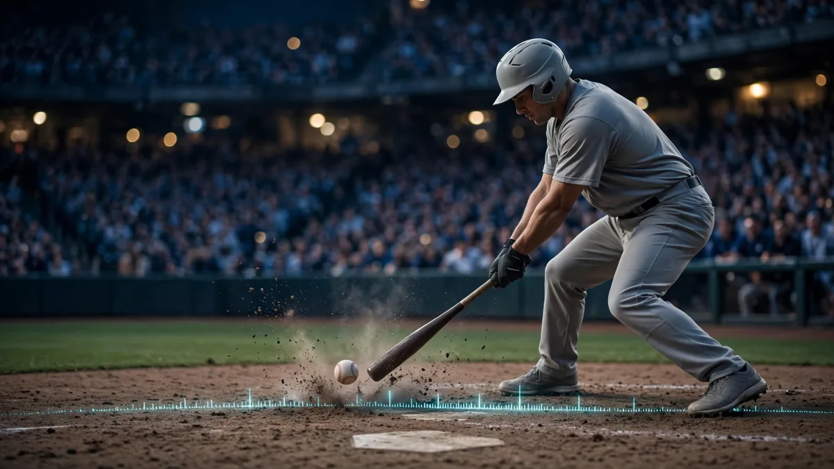A generic anonymous batter in a plain unbranded uniform swinging low like a golfer at a baseball almost scraping the dirt above home plate, with a faint glowing height marker at ground level in a packed night stadium, editorial graphic