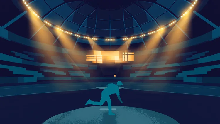 Floodlit domed baseball stadium at night with a silhouetted pitcher on the mound, editorial graphic for Rays vs Yankees ALDS Game 1