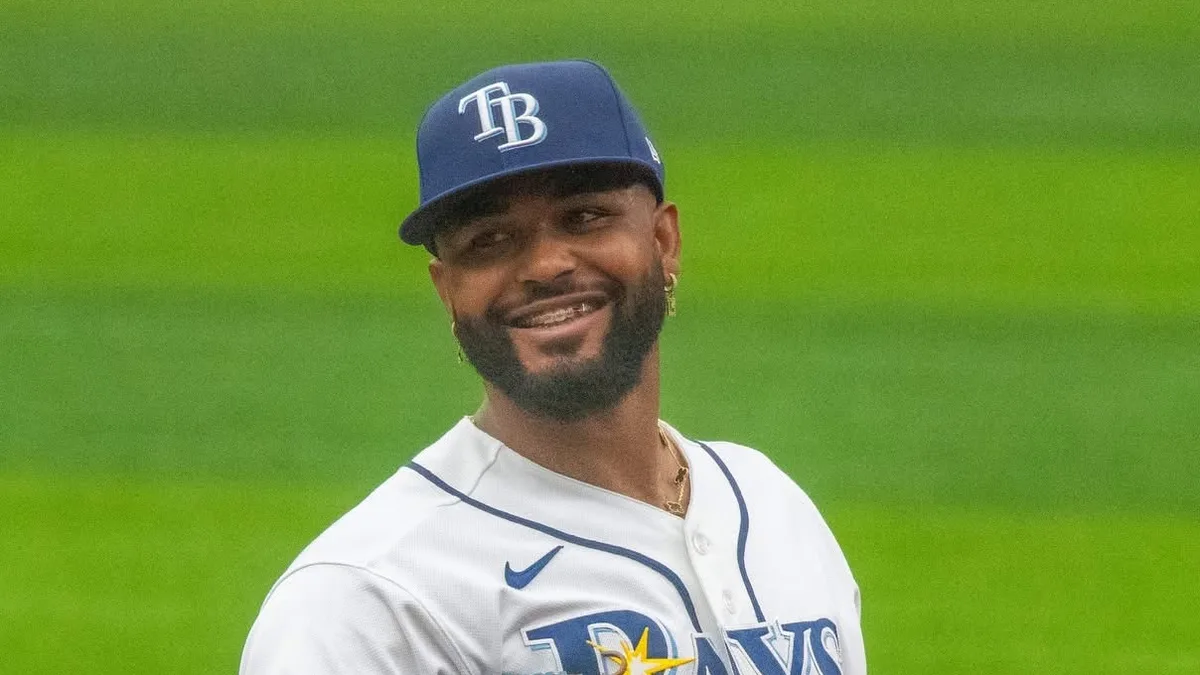 File photo of Tampa Bay Rays third baseman Junior Caminero. It was not taken at World Series Game 4 and does not show the 12th-inning rally.