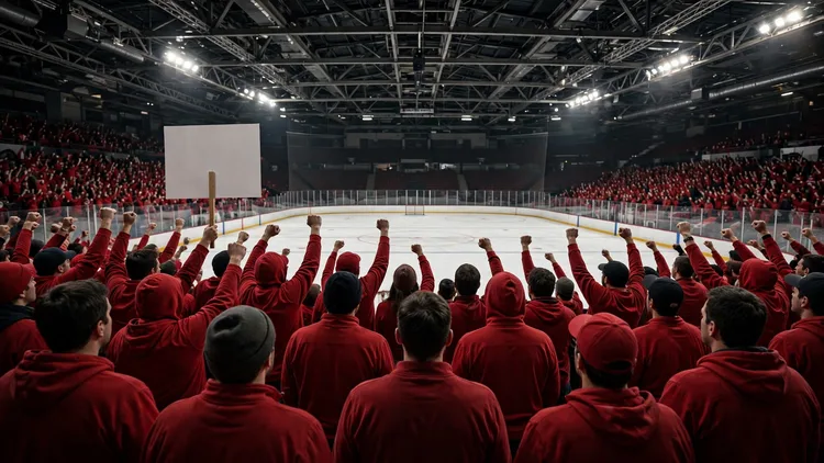 Frustrated hockey fans in plain red jerseys chanting toward an empty ice rink in an arena, one holding a blank white sign, editorial graphic