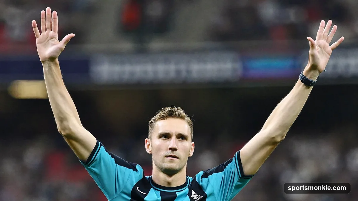 Referee making a hand signal on a sports field, illustrating officiating gestures used across major sports