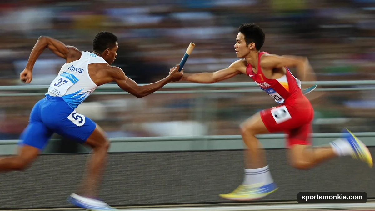 Four sprinters mid-handoff in a 4x100m relay exchange zone on a track