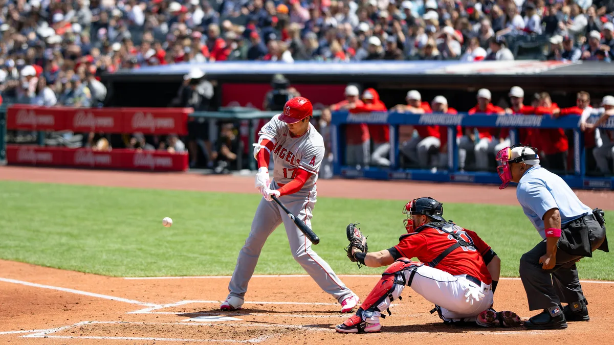 File photo from May 2023: Shohei Ohtani batting for the Los Angeles Angels against Cleveland, three years before the 2026 NLCS. It does not show this series.