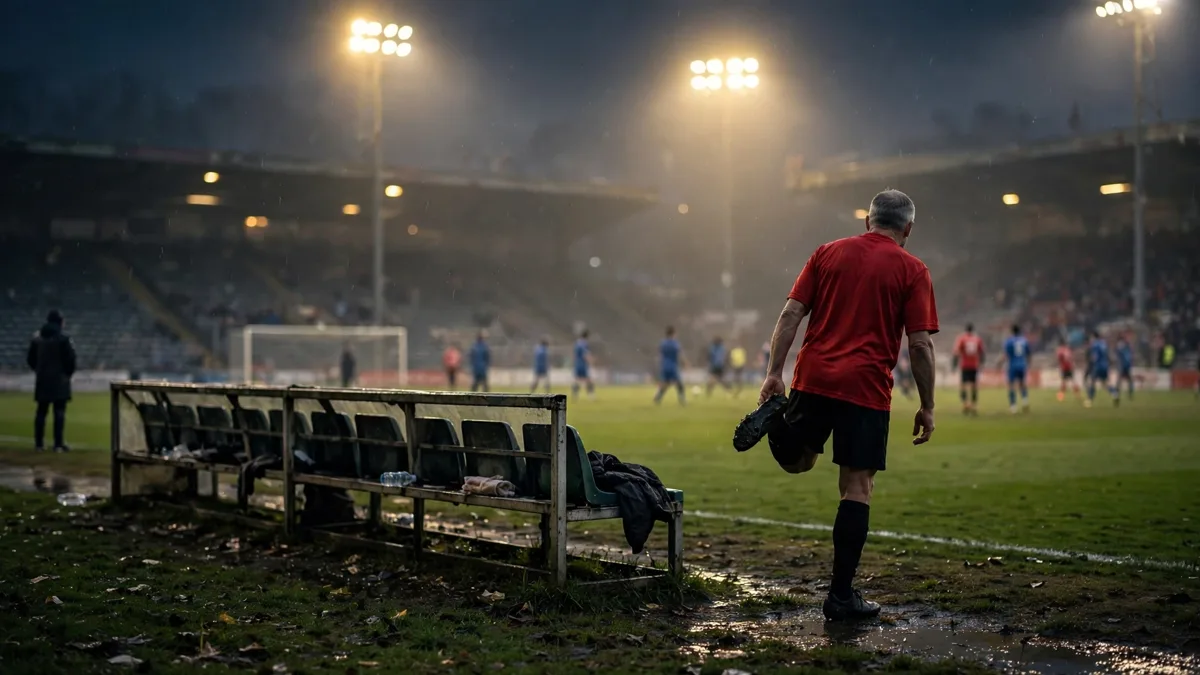 A lone generic footballer in a plain red jersey warming up by an empty substitutes bench at a floodlit night stadium while the match continues without him, editorial graphic
