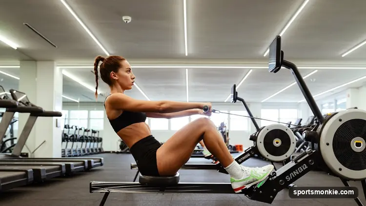 Person training on an indoor rowing machine in a home gym to lose weight