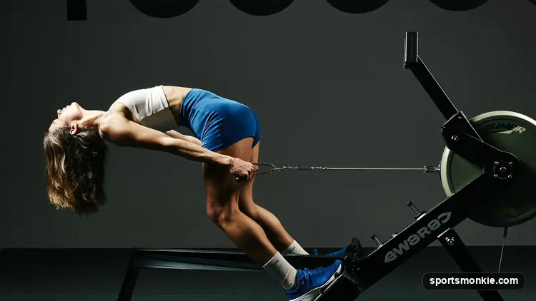 Diagram-style view of a rower showing legs, back, core and arm muscles working