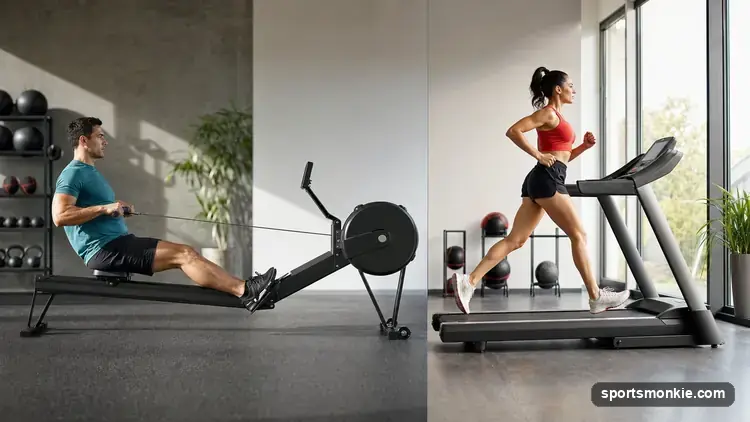 Split image of a person rowing on an indoor rowing machine and a person running outdoors on a road
