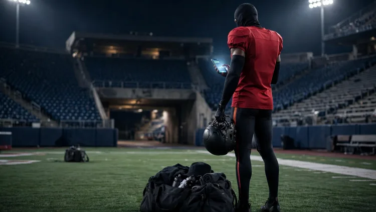A generic American football wide receiver in a plain red jersey with no logos, seen from behind on a floodlit sideline at night, holding a helmet and a glowing phone with a packed duffel bag at his feet, editorial graphic