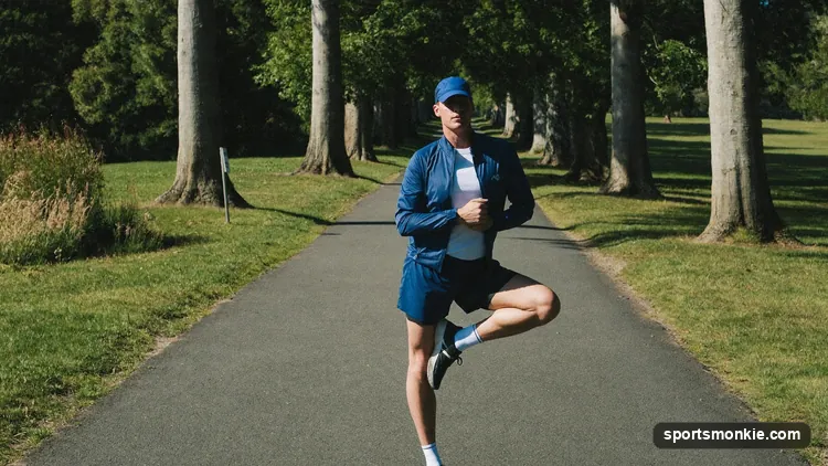 A runner performing a standing quad stretch to ease runner's knee pain