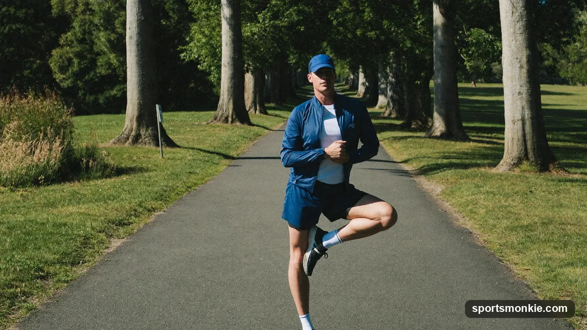 A runner performing a standing quad stretch to ease runner's knee pain