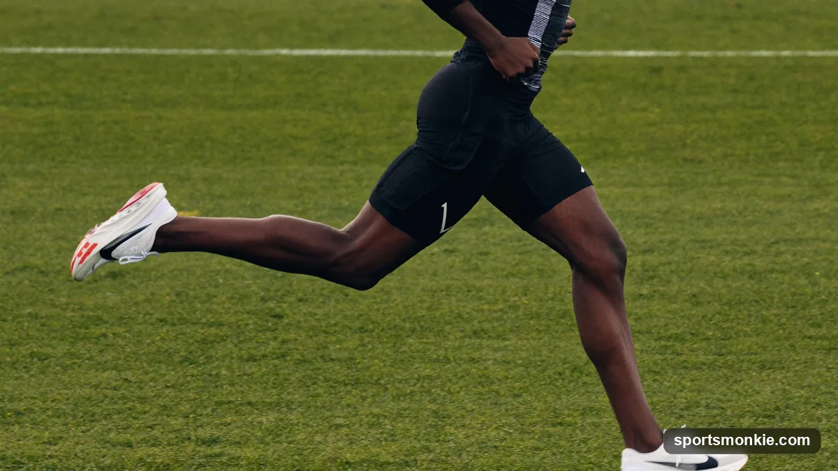 A distance runner mid-stride on a grass field, accelerating with relaxed, upright form