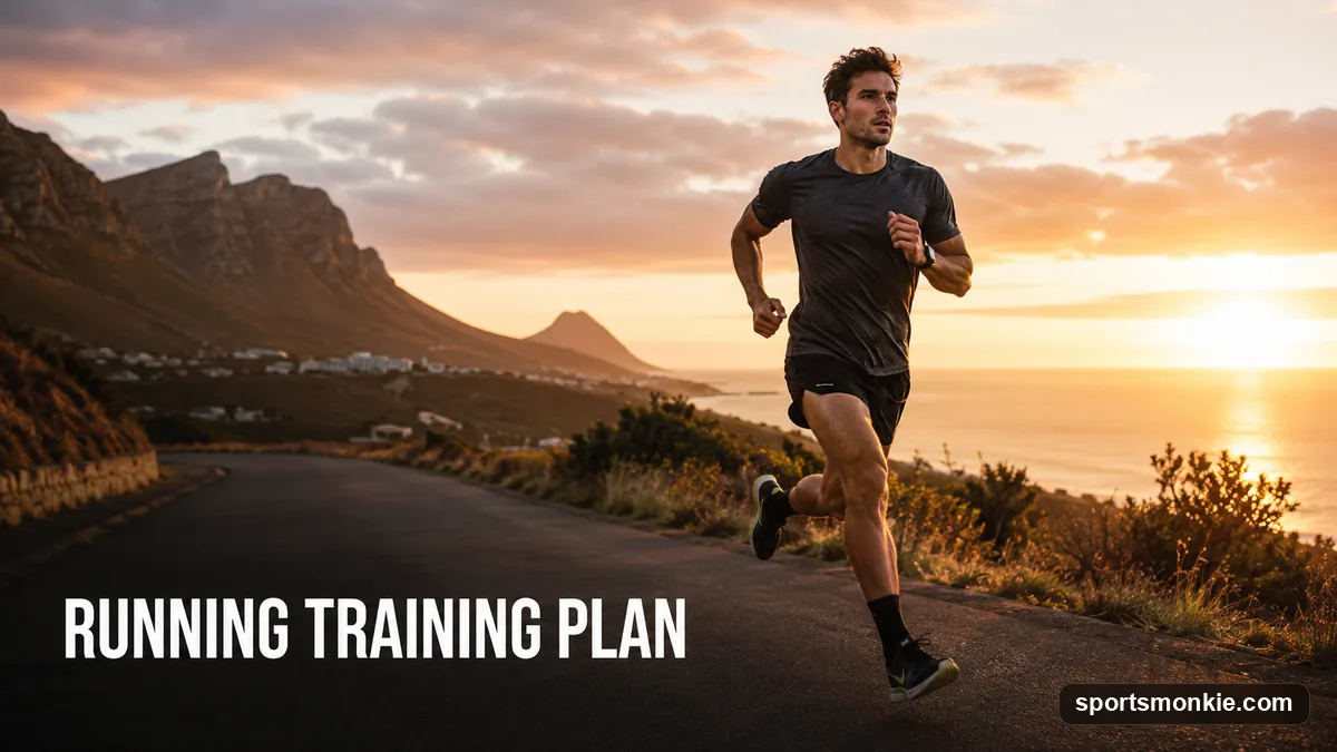 A beginner runner checking a watch mid-run on a park path at sunrise