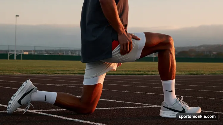 A runner performing dynamic leg swings and high knees as a warm-up before a run