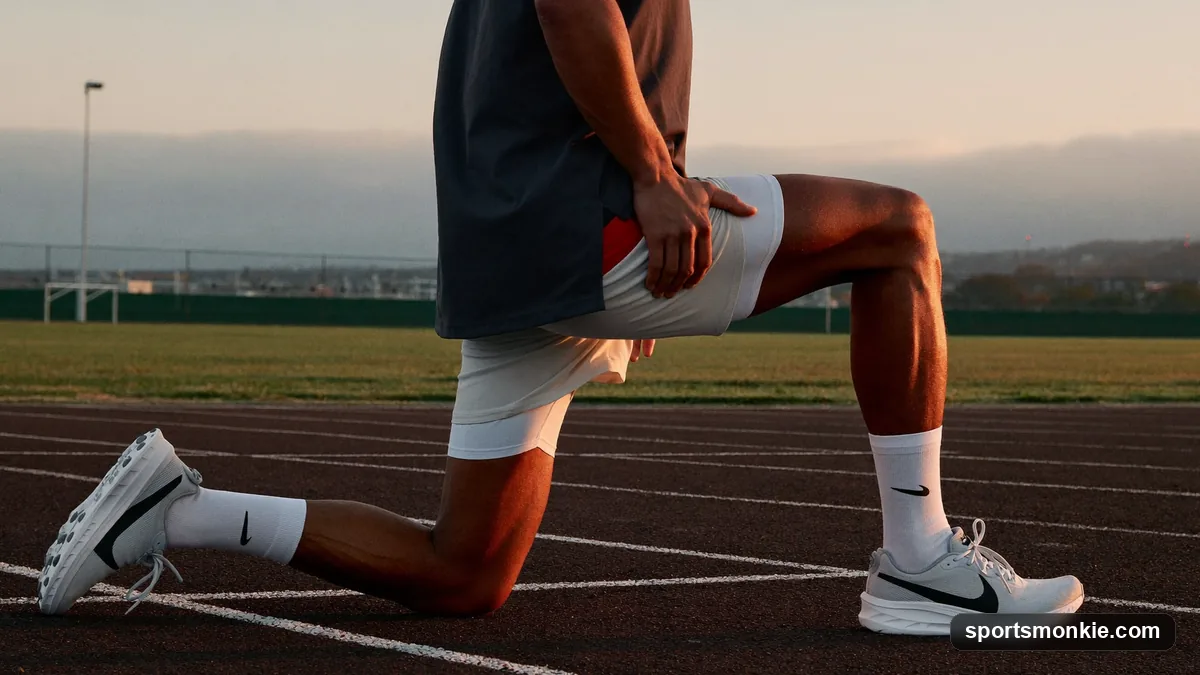 A runner performing dynamic leg swings and high knees as a warm-up before a run