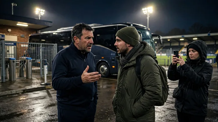A generic football manager in a plain tracksuit in a frank conversation with a travelling fan outside a small floodlit stadium at night while another supporter films on a phone, editorial graphic
