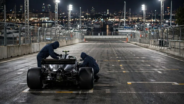 A Formula 1 car alone at the back of an empty floodlit night street-circuit grid while anonymous mechanics fit a rear engine cover, editorial graphic