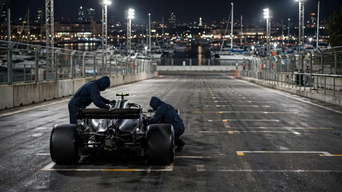 A Formula 1 car alone at the back of an empty floodlit night street-circuit grid while anonymous mechanics fit a rear engine cover, editorial graphic