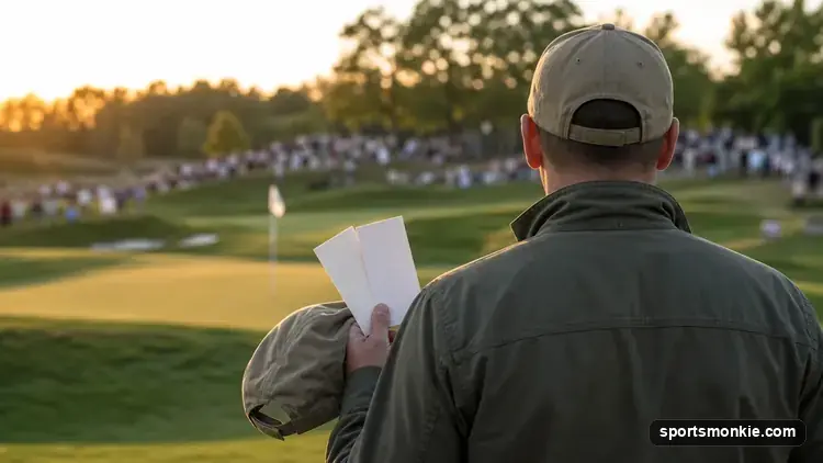 US military service member and guest walking through the gallery ropes at a Ryder Cup golf course