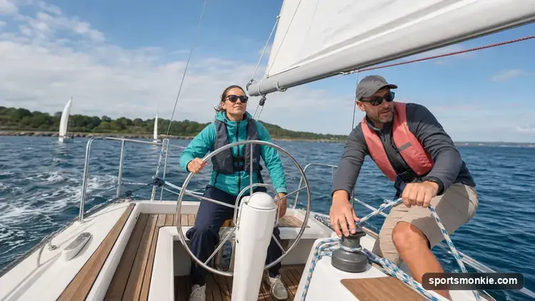 Beginner sailor at the helm of a small keelboat during a first sailing lesson