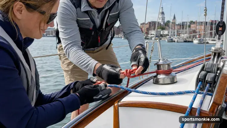 Beginner sailors trimming sails on a keelboat during a lesson, with a marina and yacht club docks in the background