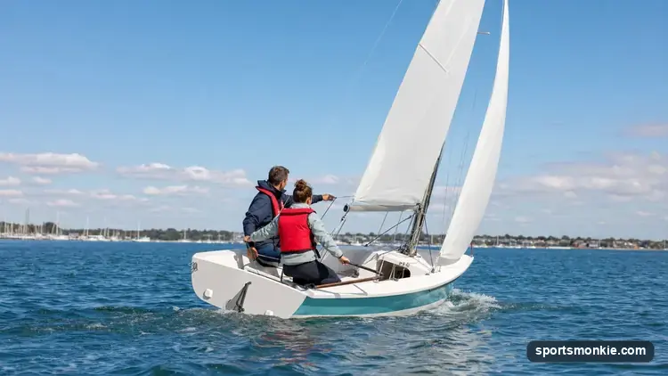 Beginner sailor and instructor trimming sails together during a US Sailing Basic Keelboat lesson